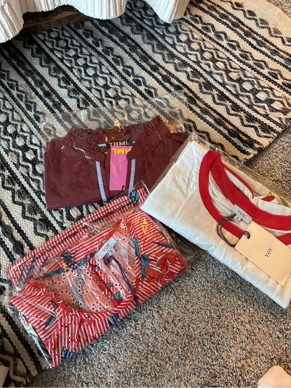 THML BUNDLE OF 3 Burgundy Smocked Top with White & Red Ringer Tee Bundle